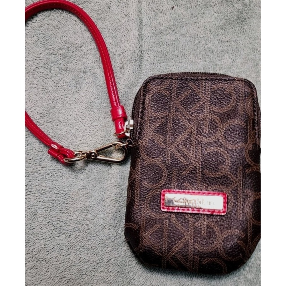 Calvin Klein Zip Wristlet Brown Logo Clutch Signature Monogram Red Strap Vintage